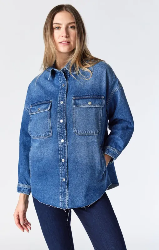 TAMARA OVERSIZED DENIM SHIRT IN DARK DISTRESSED TRUE BLUE sold by Mavi