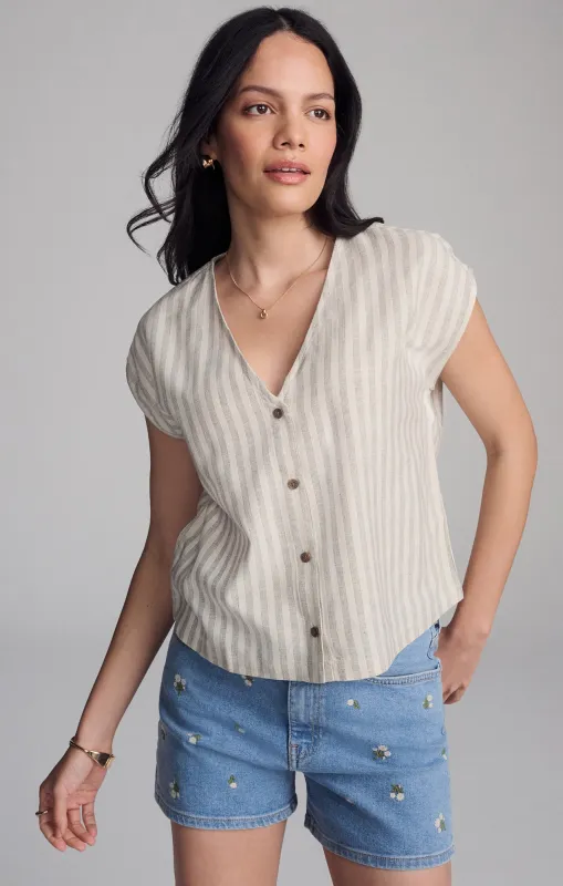 V-NECK SHORT SLEEVE BUTTON SHIRT IN BLACK STRIPE sold by Mavi