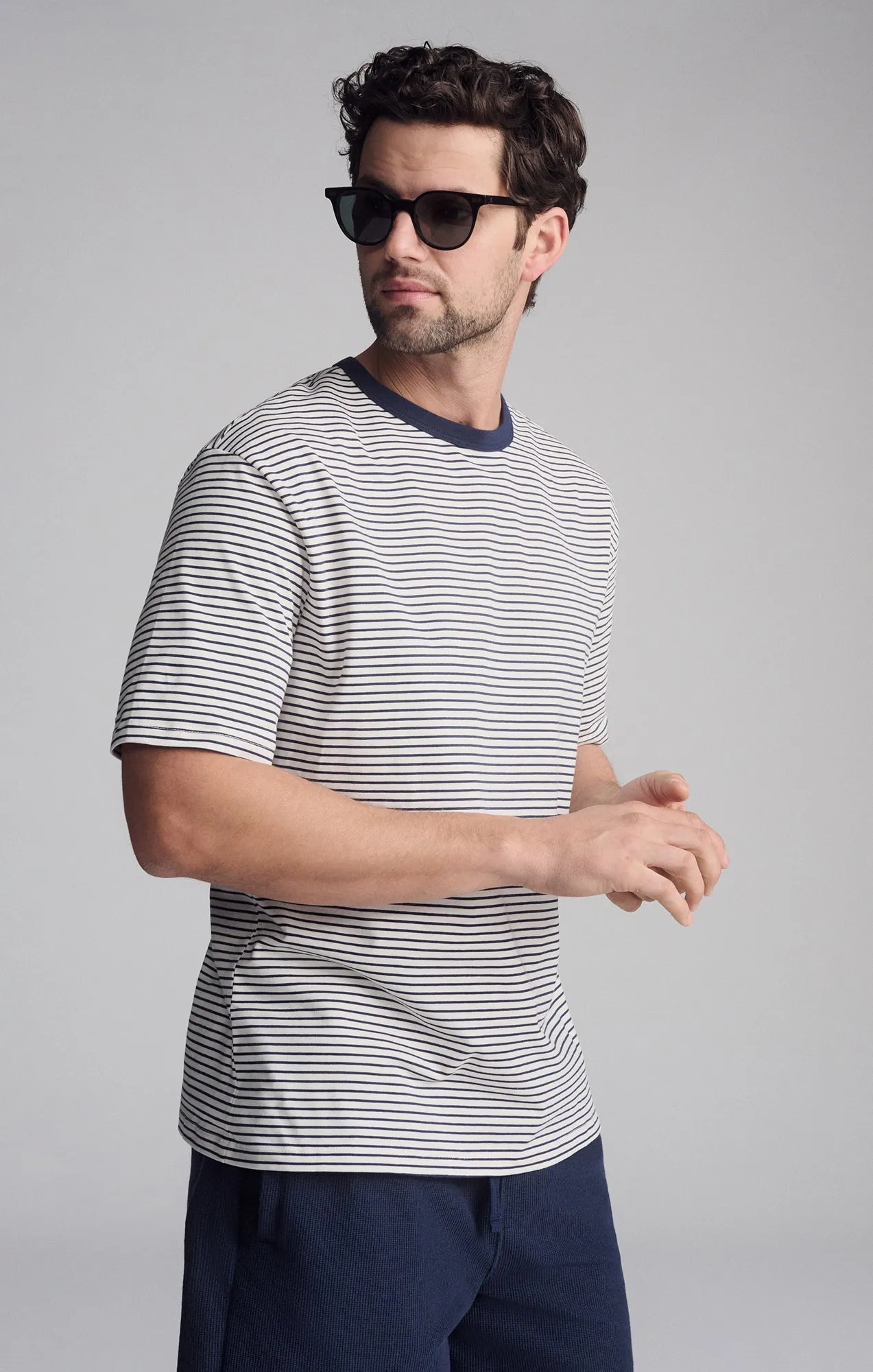STRIPED SHORT SLEEVE CREW NECK T-SHIRT IN BLACK IRIS sold by Mavi