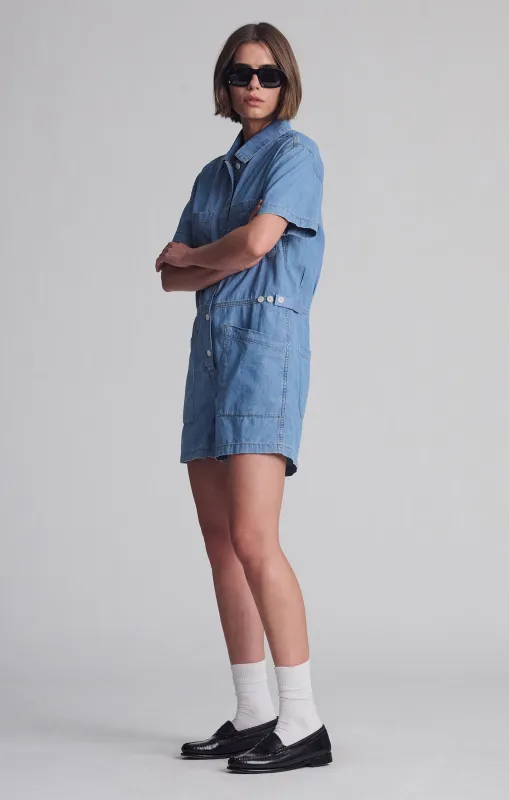 NOREEN DENIM ROMPER IN MID VINTAGE LIGHT DENIM sold by Mavi