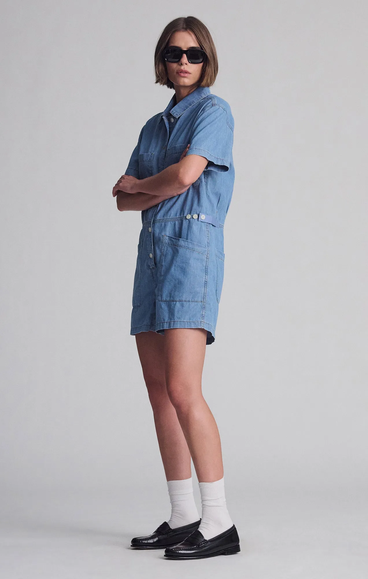 NOREEN DENIM ROMPER IN MID VINTAGE LIGHT DENIM sold by Mavi