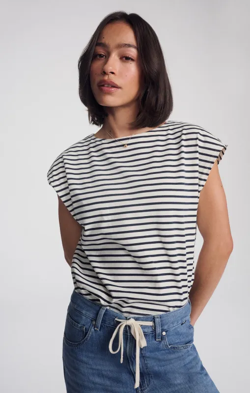 BOAT NECK SLEEVELESS SHIRT IN NAVY BLAZER STRIPE sold by Mavi