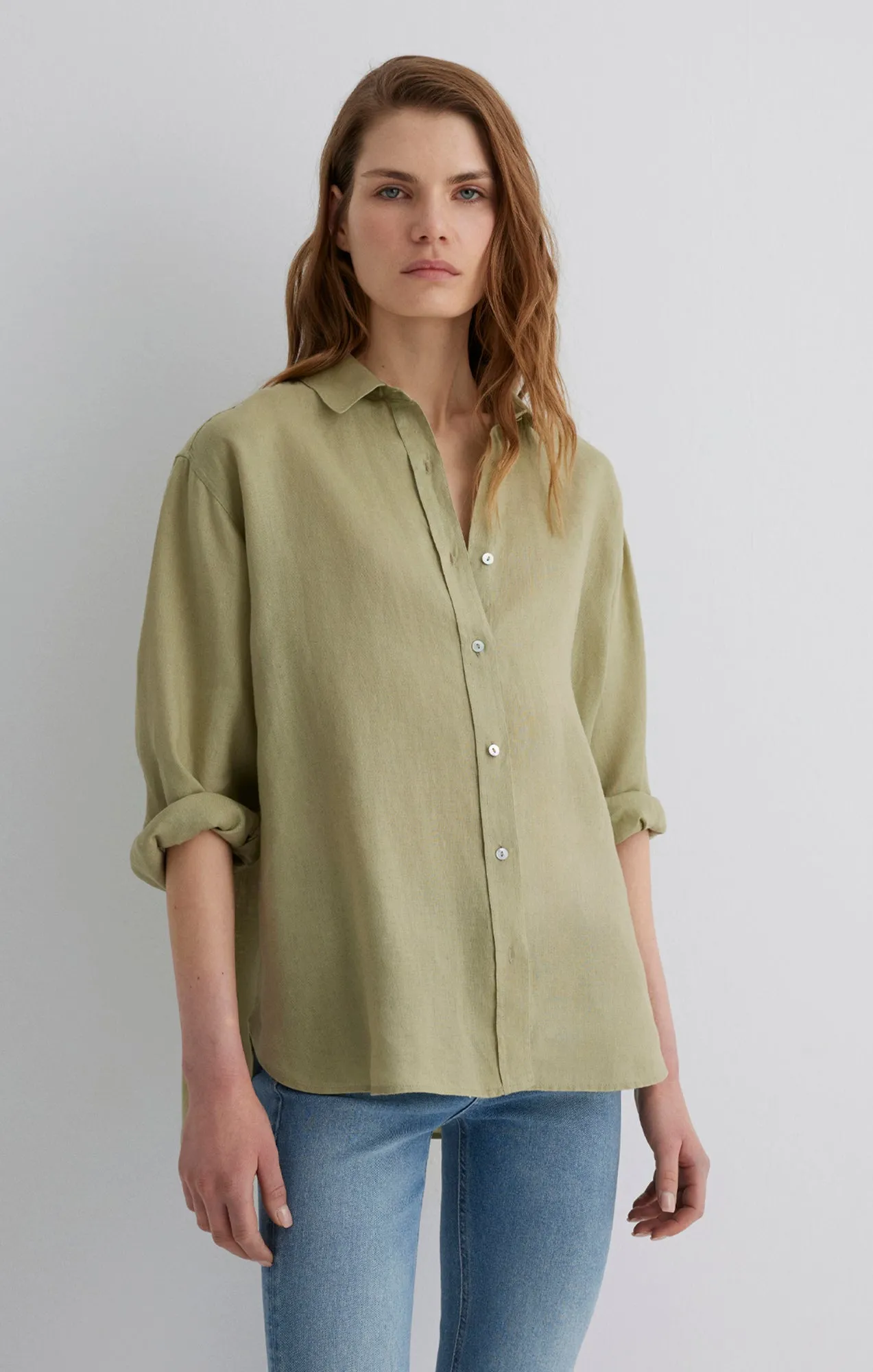 LINEN BUTTON-UP SHIRT IN ELM sold by Mavi