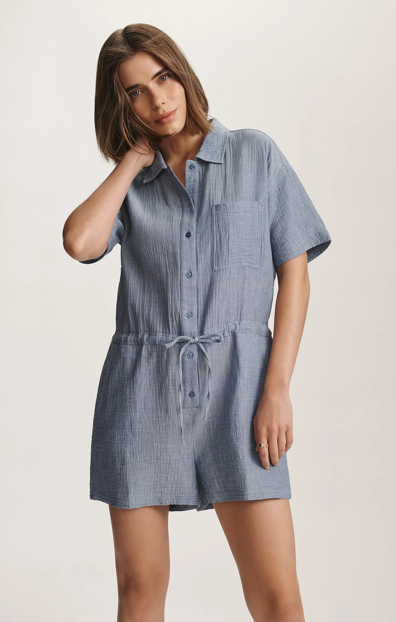 CINCHED WAIST ROMPER IN LIGHT CHAMBRY sold by Mavi