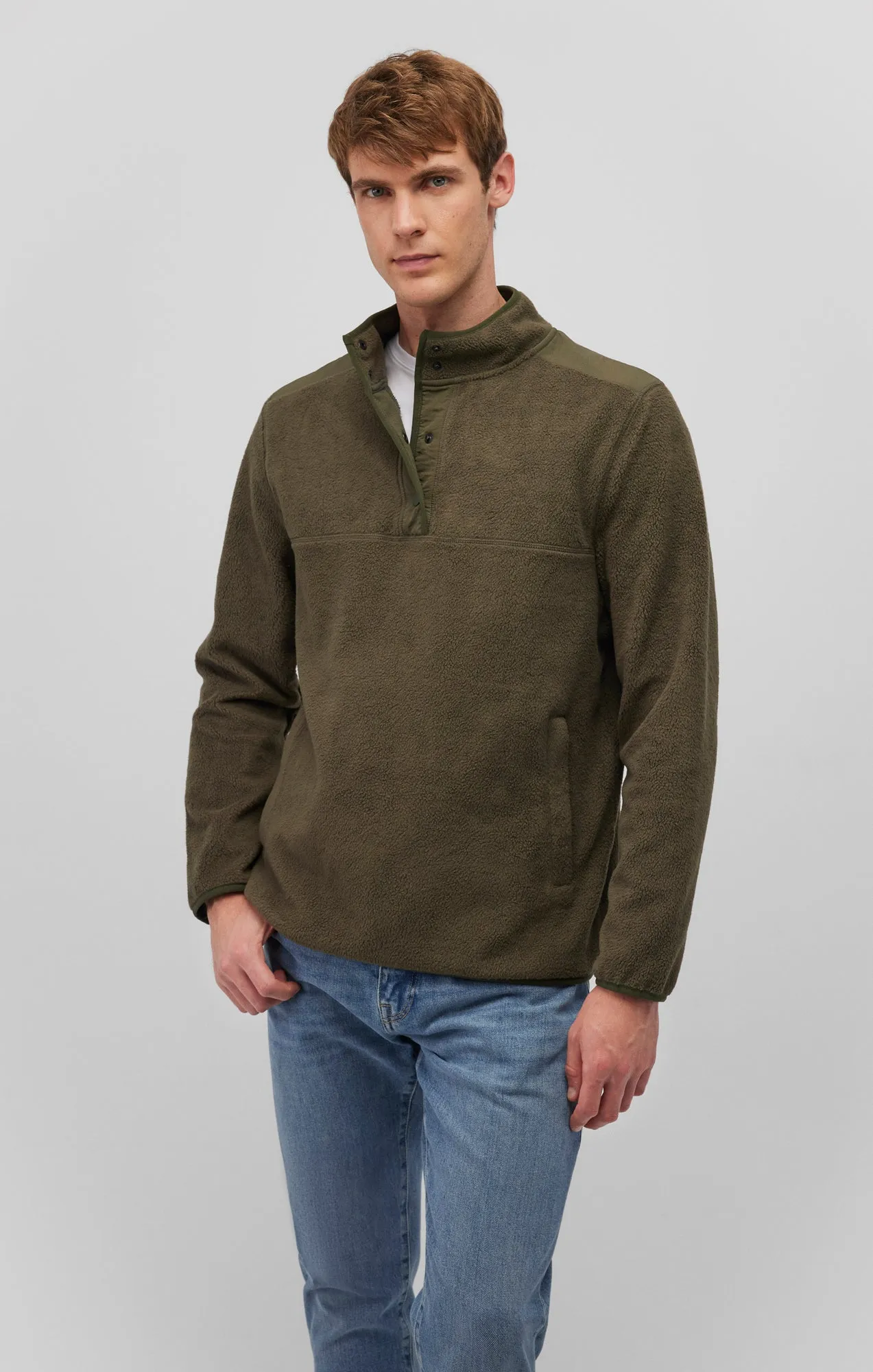 FLEECE BUTTON PULLOVER IN OLIVE NIGHT sold by Mavi