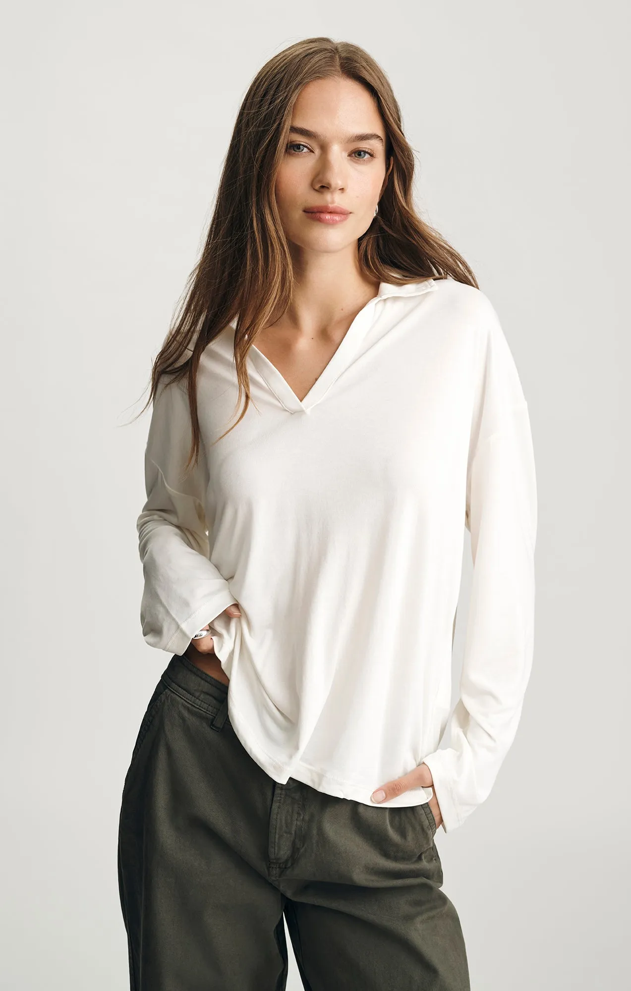 LUXE TOUCH TENCEL™ V-NECK T-SHIRT IN ANTIQUE WHITE sold by Mavi