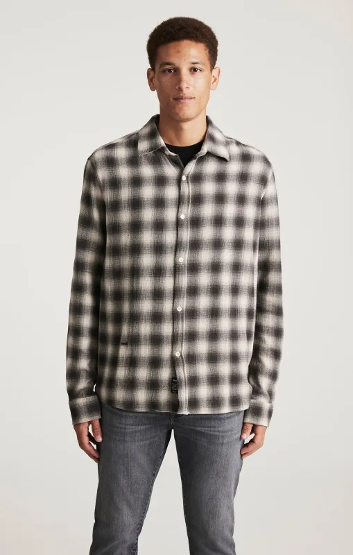 PLAID LONG SLEEVE BUTTON-UP SHIRT IN ASPHALT CHECK sold by Mavi