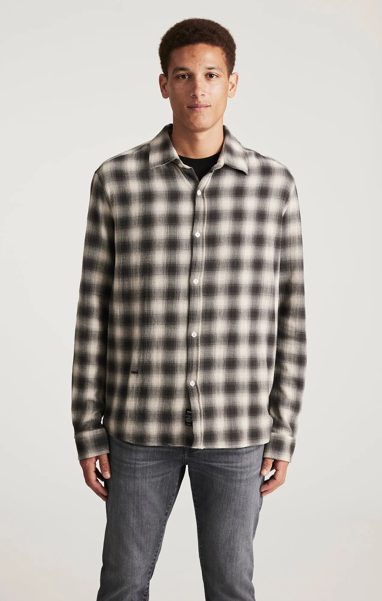 PLAID LONG SLEEVE BUTTON-UP SHIRT IN ASPHALT CHECK sold by Mavi