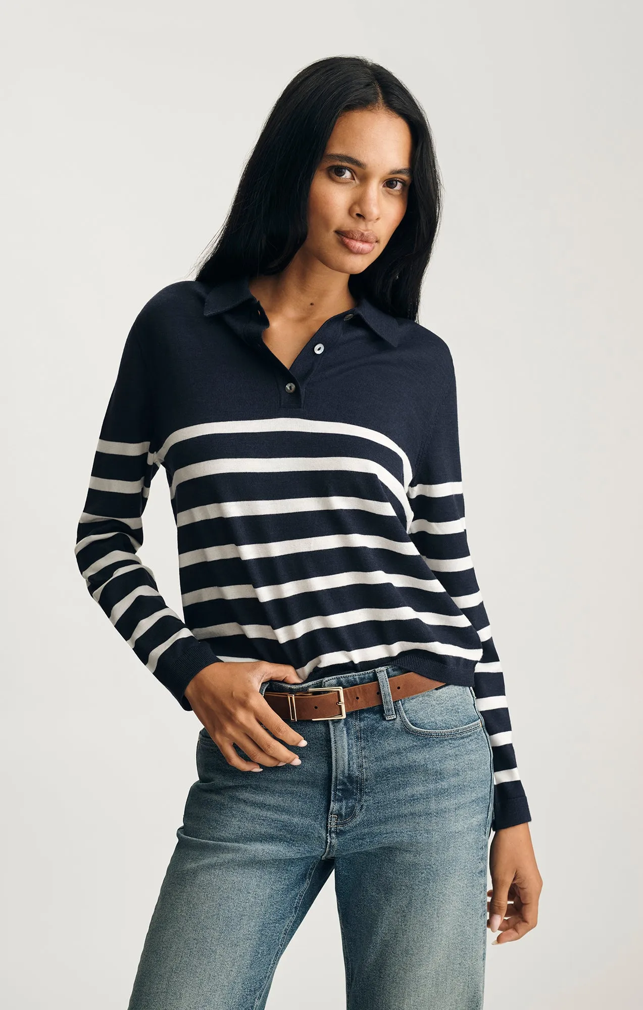 EDITION MERINO WOOL POLO SWEATER IN NAVY BLAZER STRIPE sold by Mavi