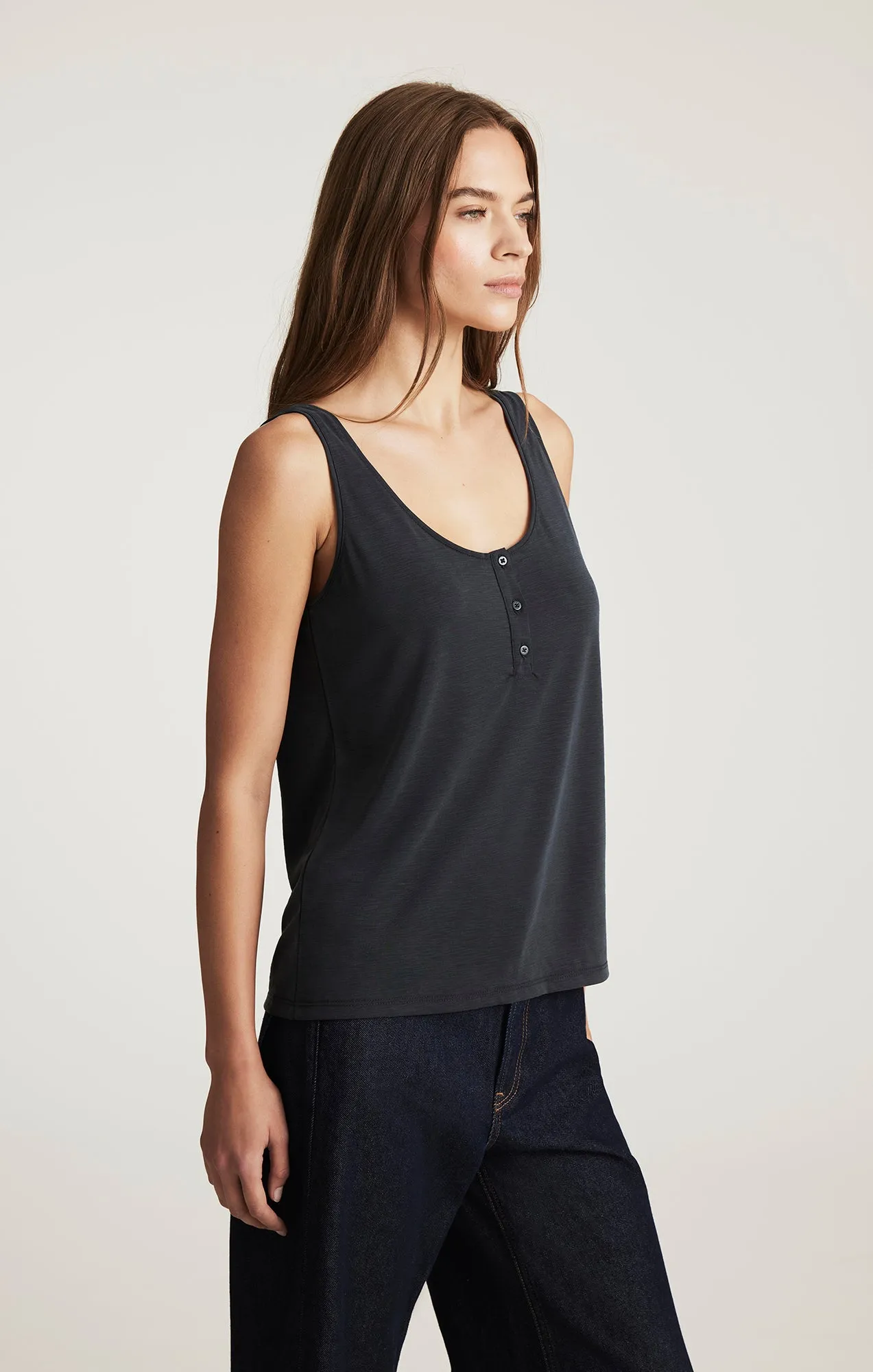 LUXE TOUCH TENCEL™ HENLEY TANK TOP IN BLACK sold by Mavi product image thumbnail 2