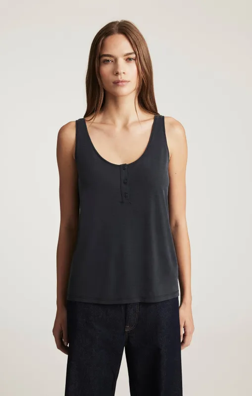 LUXE TOUCH TENCEL™ HENLEY TANK TOP IN BLACK sold by Mavi