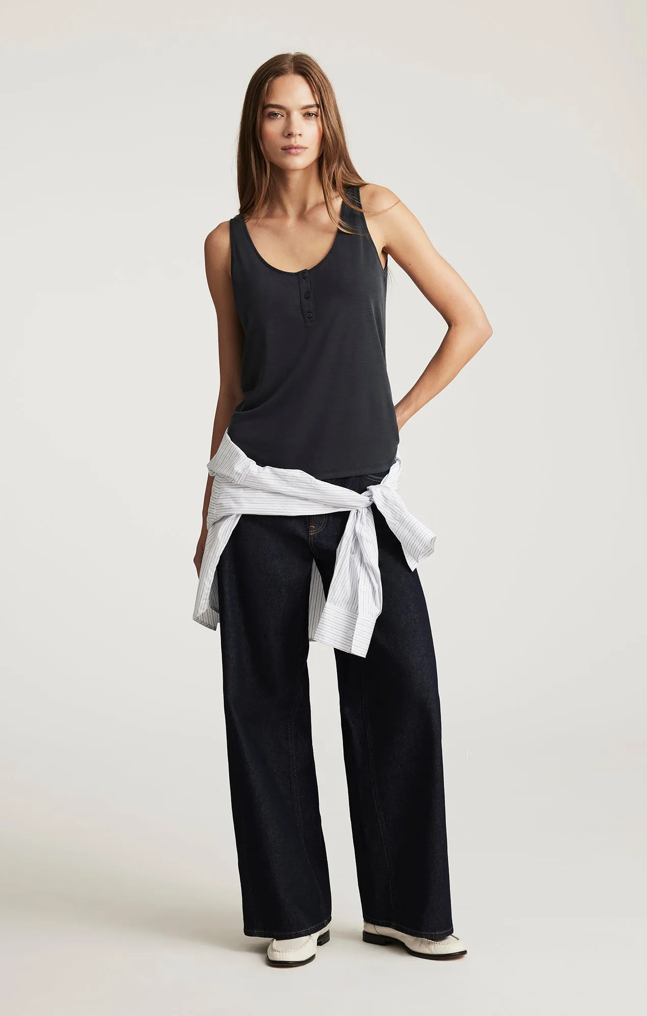 LUXE TOUCH TENCEL™ HENLEY TANK TOP IN BLACK sold by Mavi product image thumbnail 5