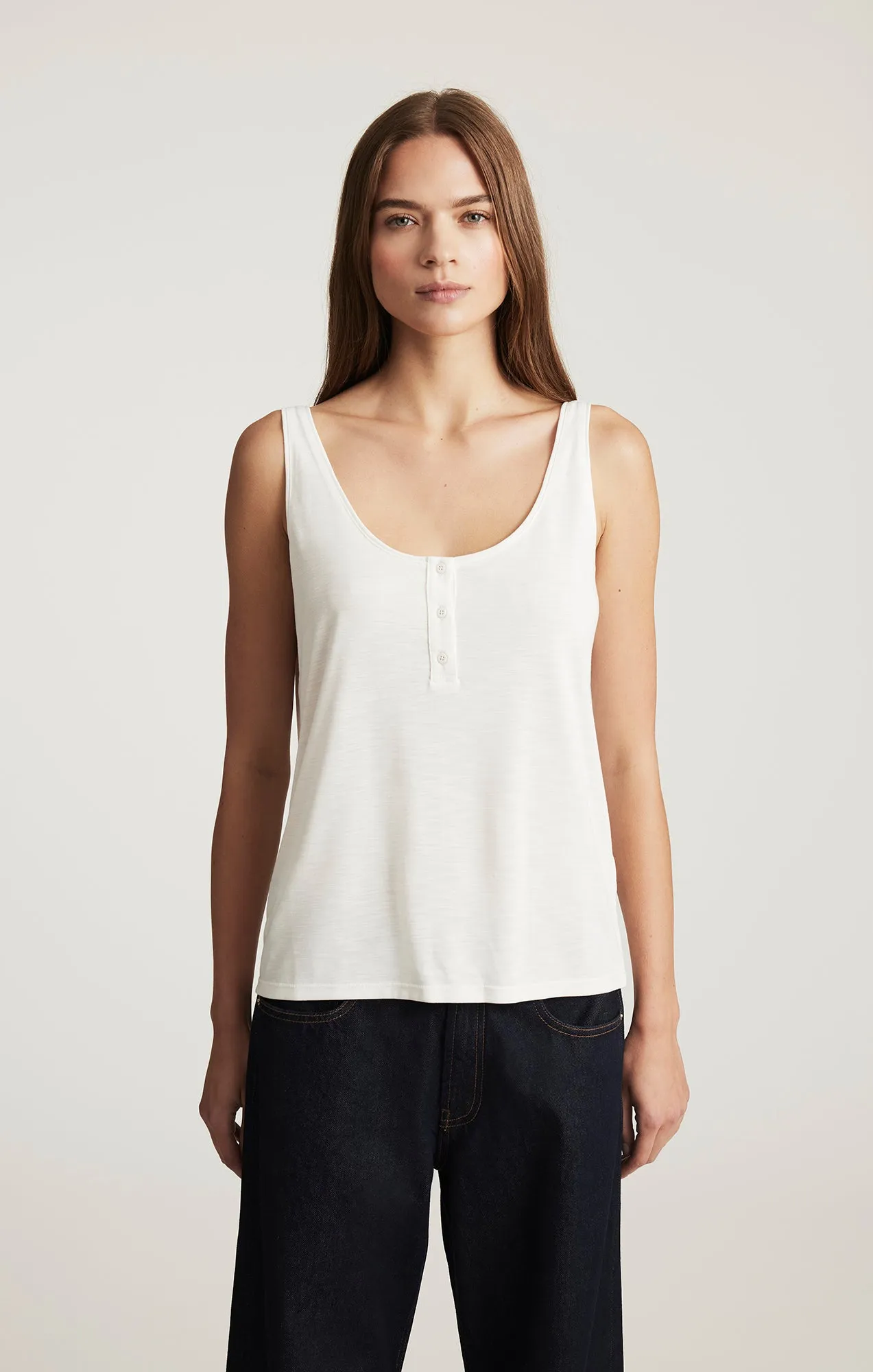 LUXE TOUCH TENCEL™ HENLEY TANK TOP IN ANTIQUE WHITE sold by Mavi