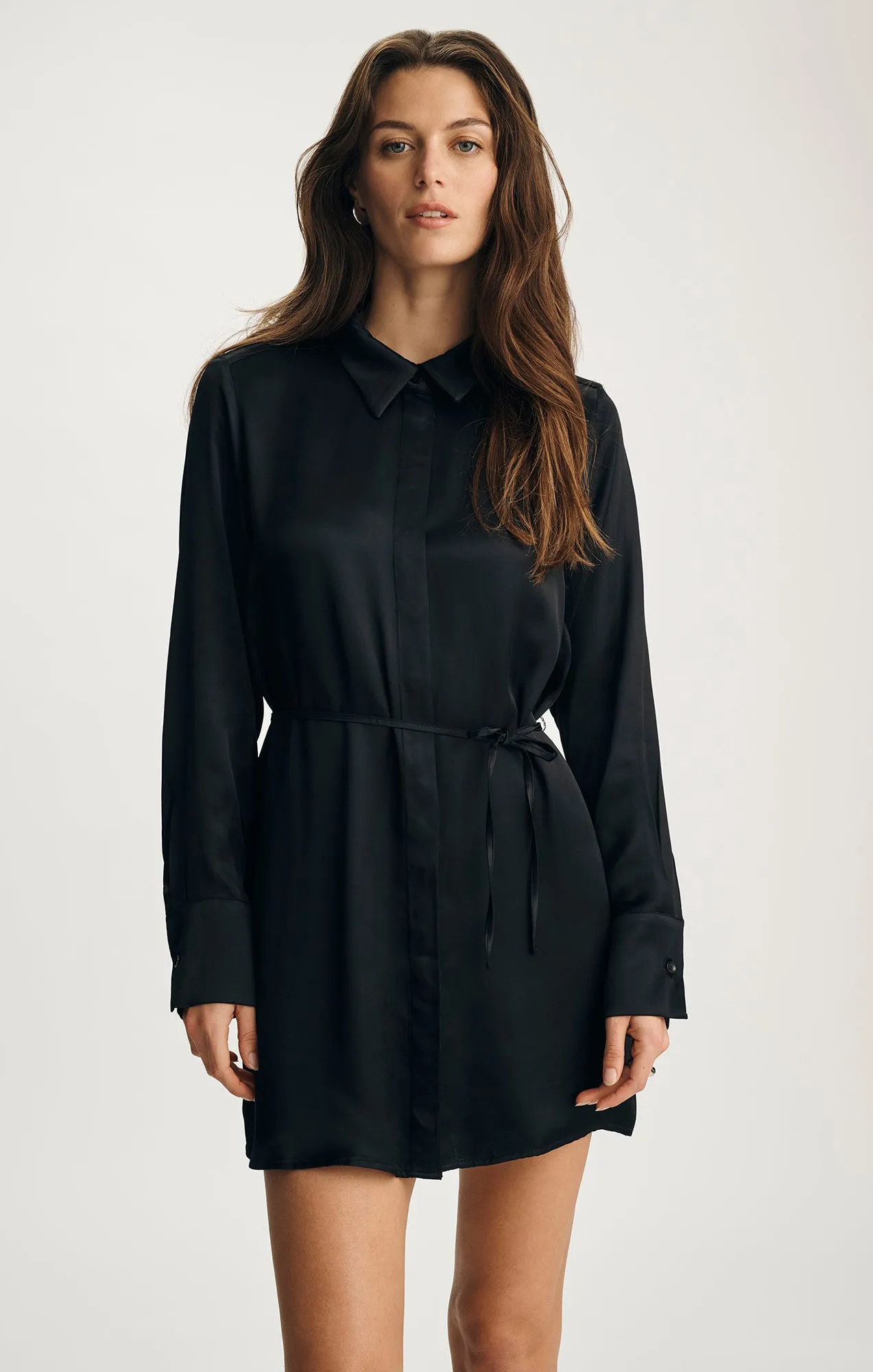 SATIN BUTTON-FRONT MINI DRESS IN BLACK sold by Mavi