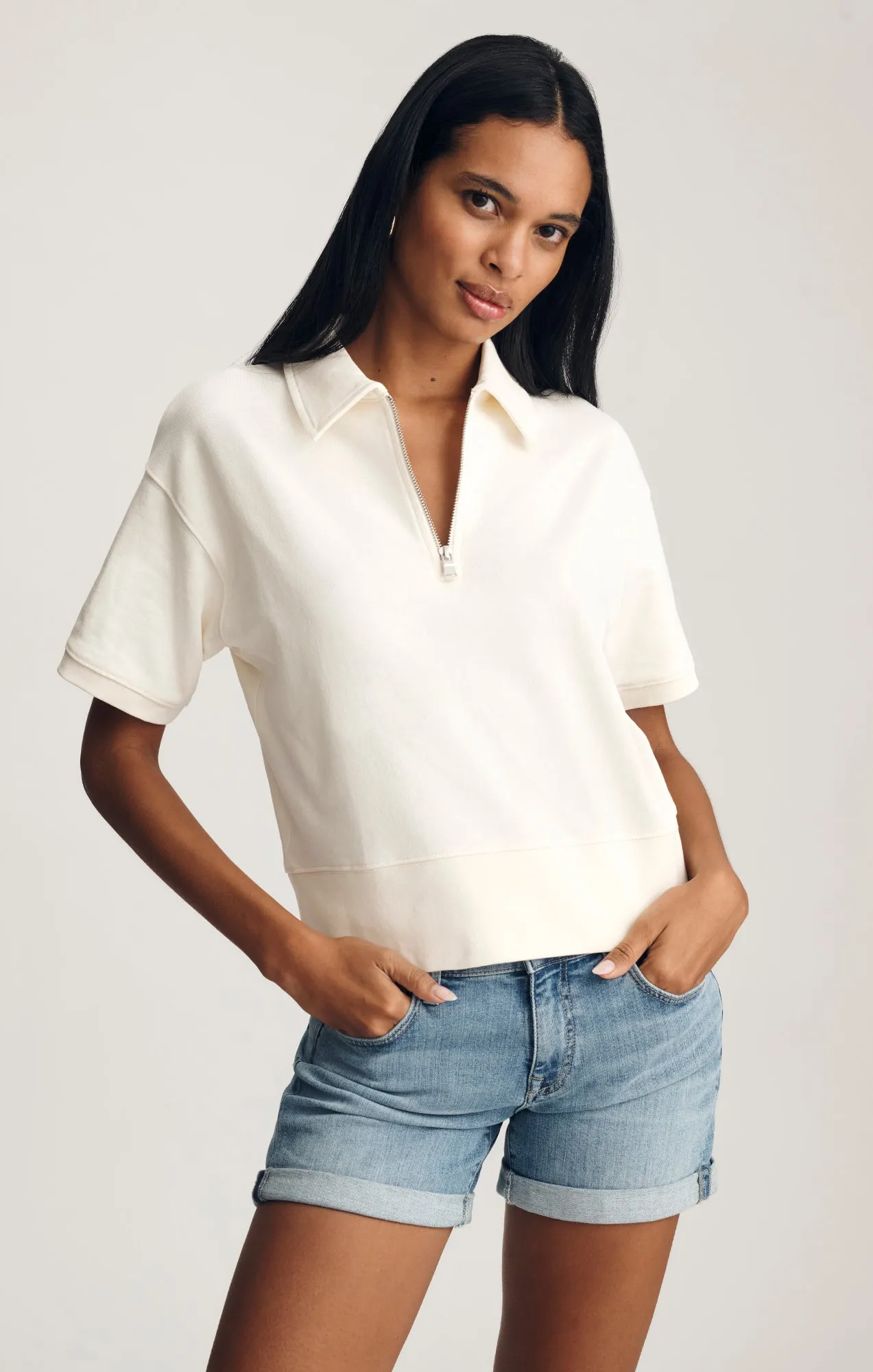 HALF ZIP SHORT SLEEVE SWEATSHIRT IN WHISPER WHITE sold by Mavi