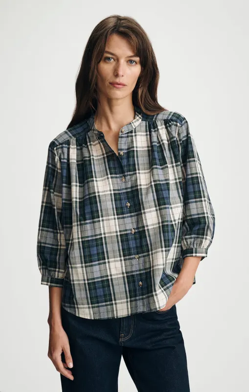 PLAID BALLOON SLEEVE BUTTON-UP SHIRT IN ATLANTIC DEEP CHECK made by Mavi