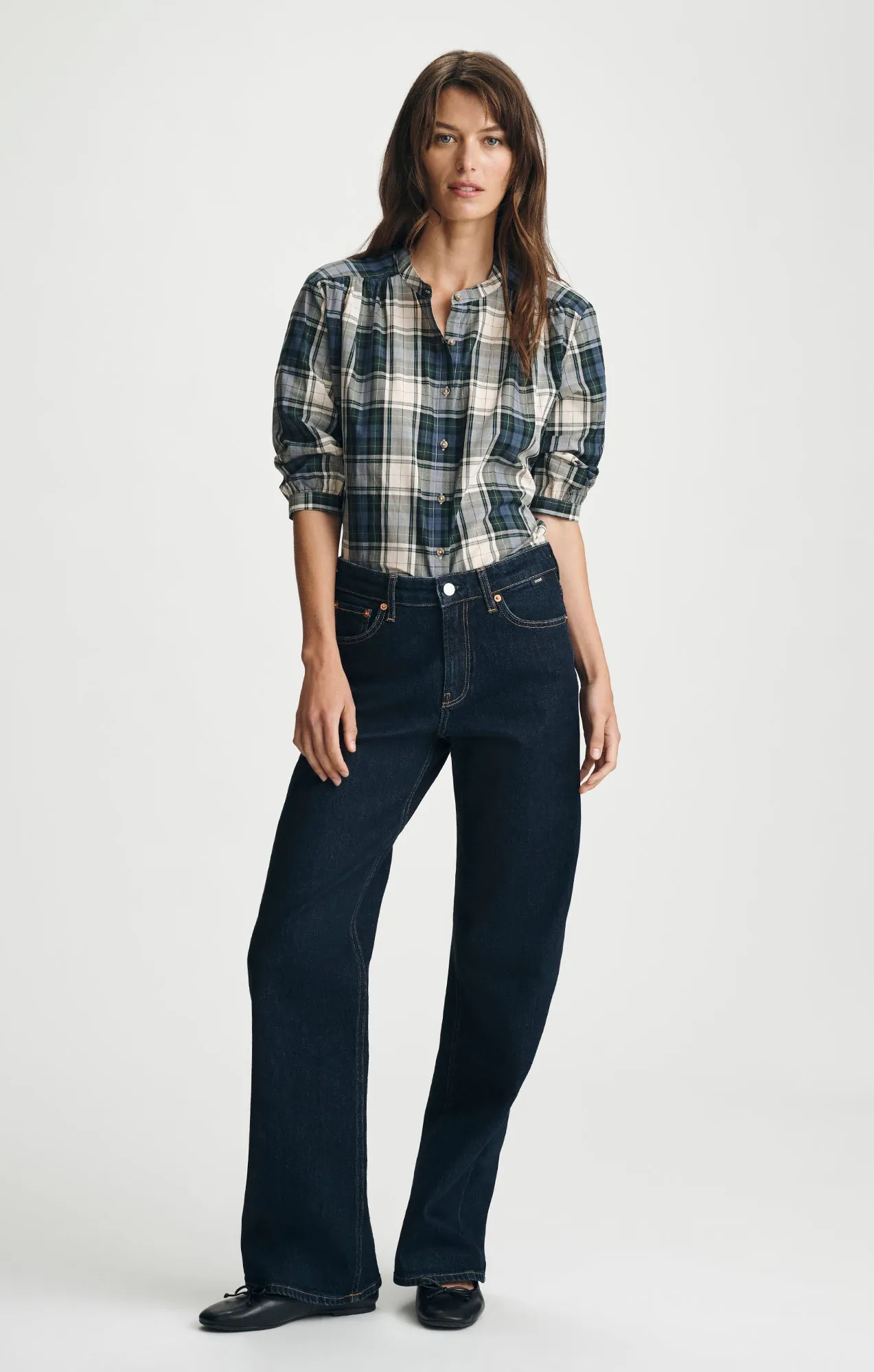 PLAID BALLOON SLEEVE BUTTON-UP SHIRT IN ATLANTIC DEEP CHECK sold by Mavi product image thumbnail 2