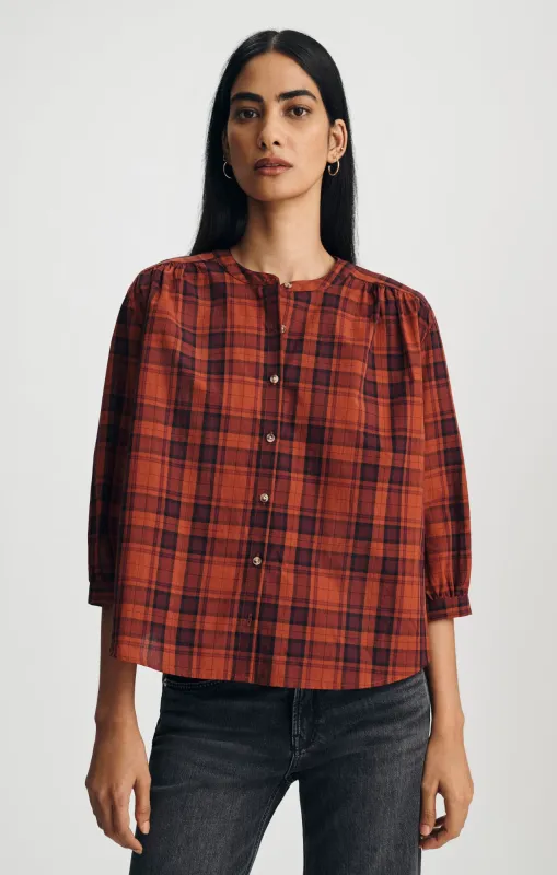 PLAID BALLOON SLEEVE BUTTON-UP SHIRT IN ROSEWOOD CHECK made by Mavi