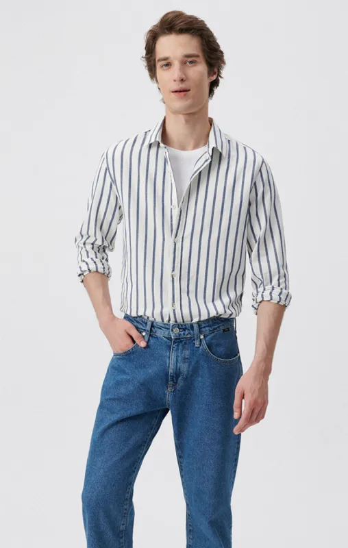 STRIPED BUTTON-UP LONG SLEEVE SHIRT IN DARK DENIM WHITE STRIPE sold by Mavi