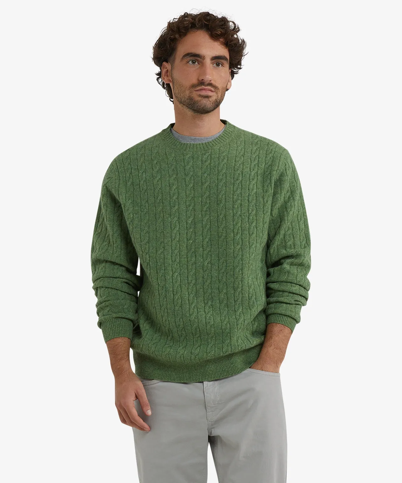 Lambswool Round Neck Cable Knit Sweater | Moss Green sold by McGregor product image thumbnail 2