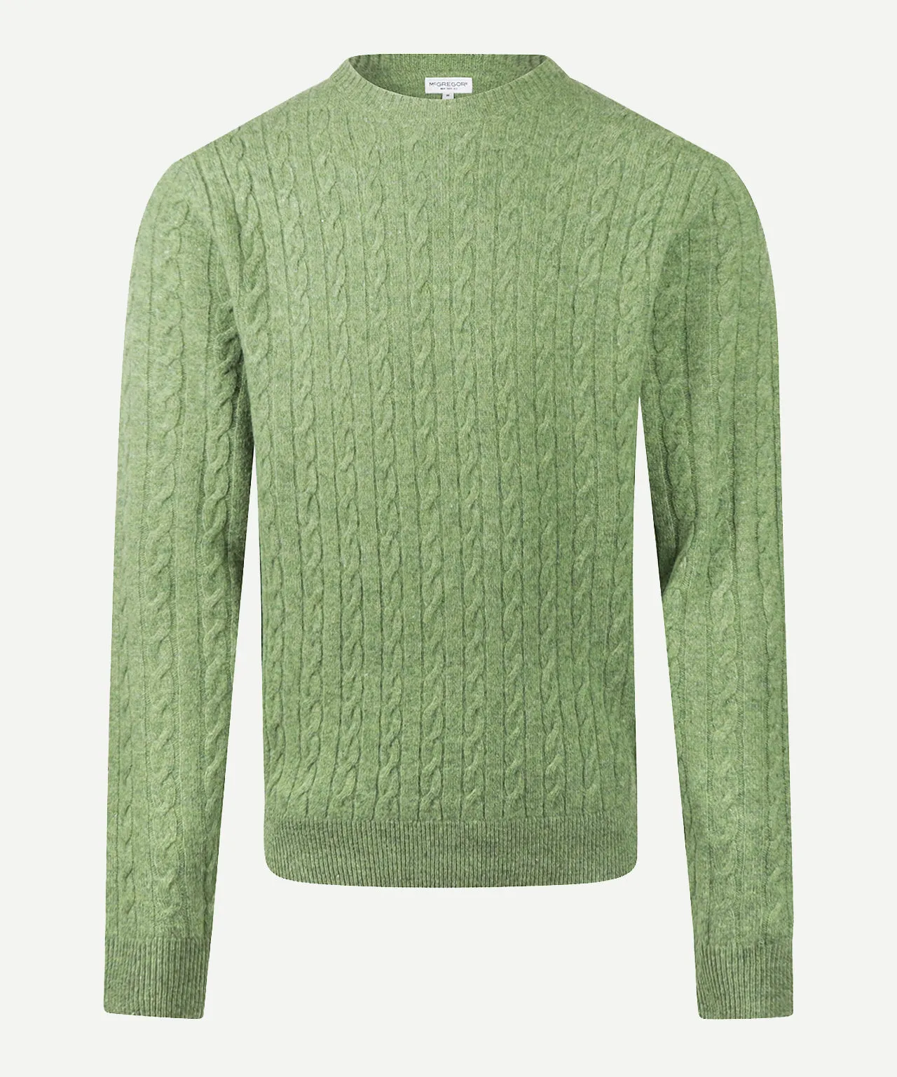 Lambswool Round Neck Cable Knit Sweater | Moss Green sold by McGregor