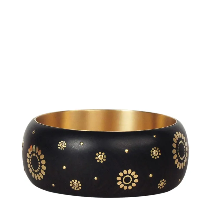 18K Gold Wide Ebony Bangle with Inlaid Gold Flowers and Diamonds made by Me & Ro