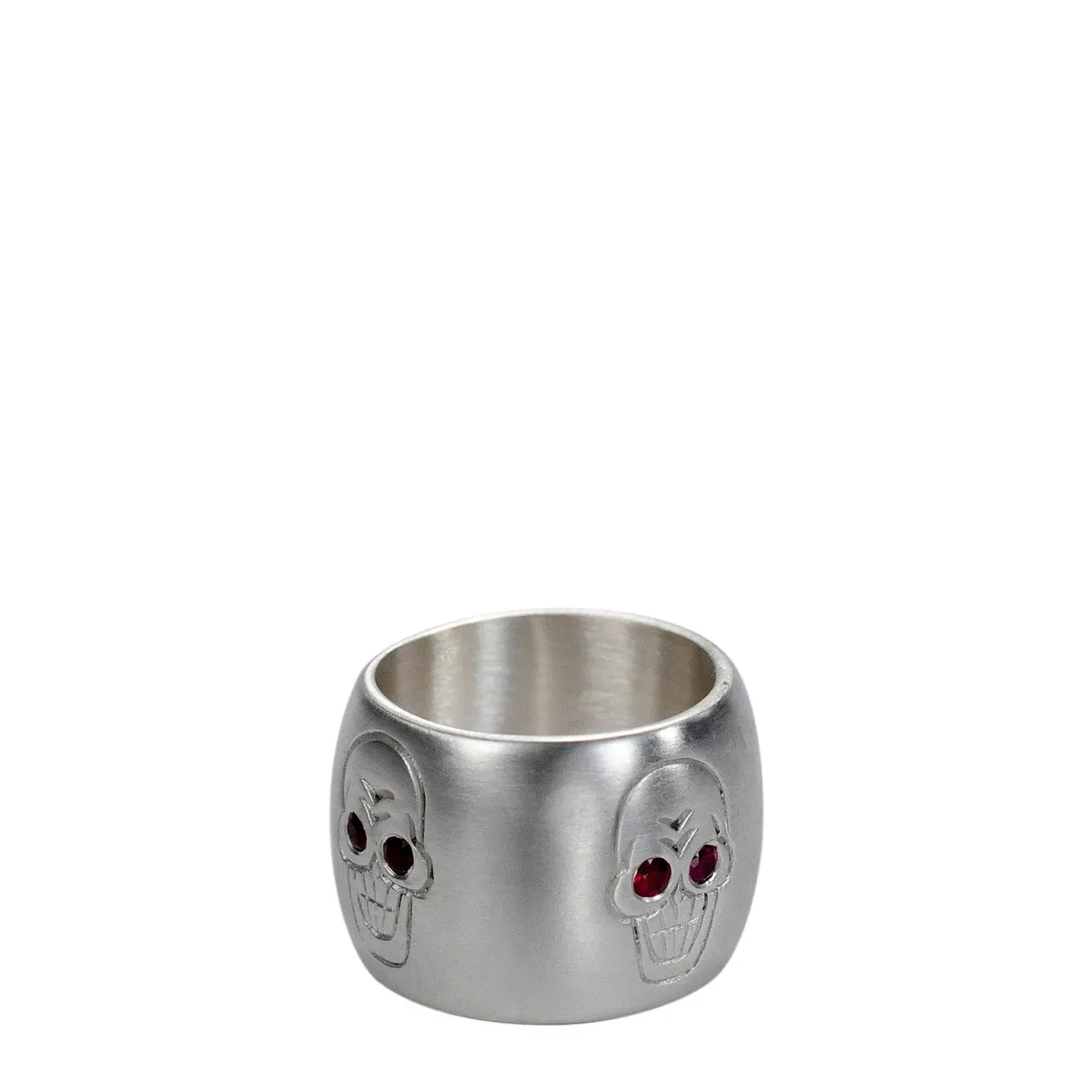 Men's Sterling Silver Wide Skull Band with Ruby Eyes sold by Me & Ro