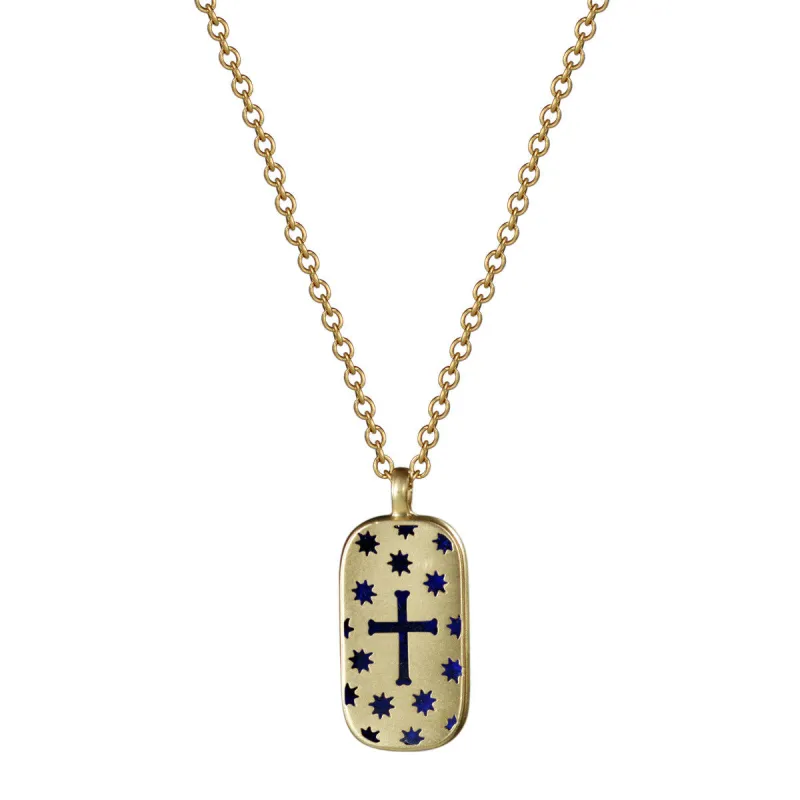18K Gold Cross & Stars Cut Out Pendant with Lapis sold by Me & Ro