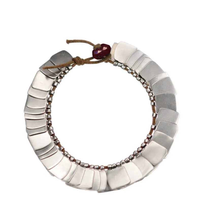 Sterling Silver Full Flattened Metal Bracelet on Cord with Ruby Bead Closure made by Me & Ro