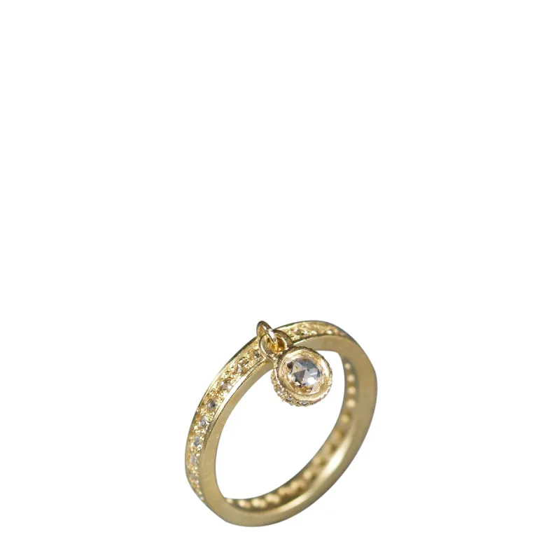 18K Gold 4mm Rose Cut Diamond Dangle Ring with Pave Band sold by Me & Ro