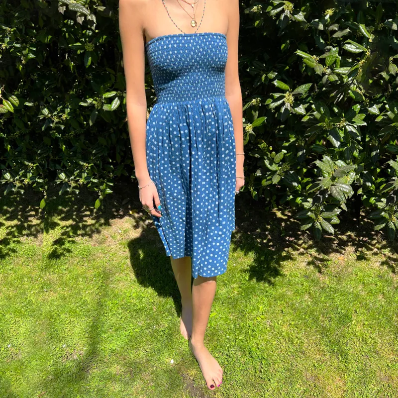 Blue Polka Dot Strapless Dress sold by Me & Ro