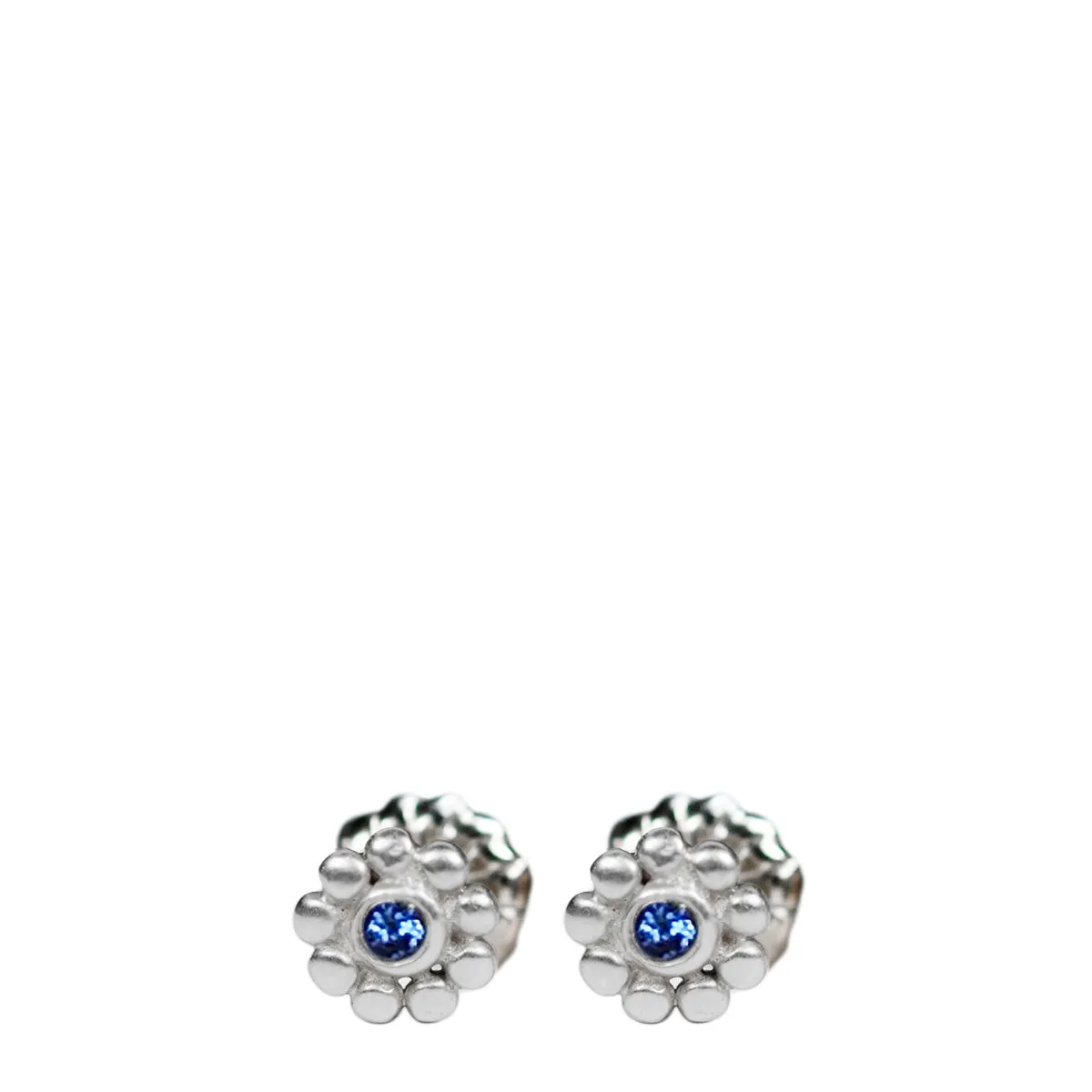Sterling Silver Tiny Java Flower Stud Earrings with Blue Sapphires sold by Me & Ro