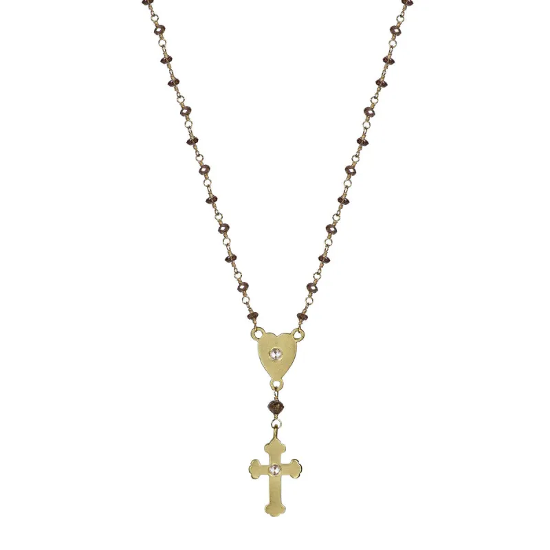 18K Gold Rosary Heart and Cross on Brown Diamond Chain sold by Me & Ro