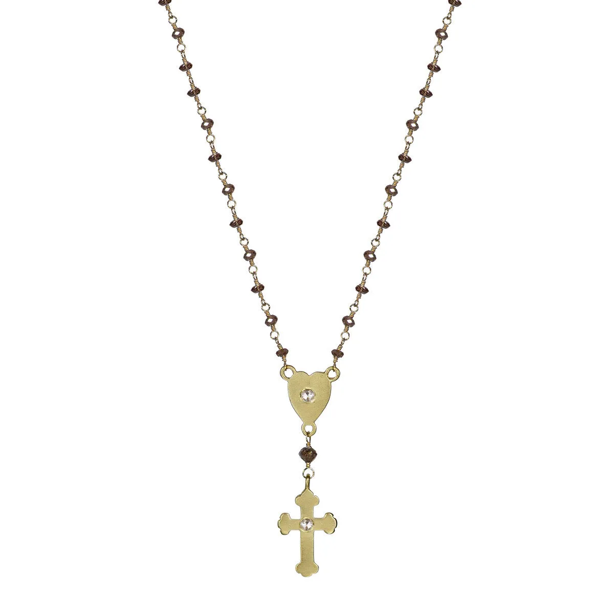 18K Gold Rosary Heart and Cross on Brown Diamond Chain sold by Me & Ro