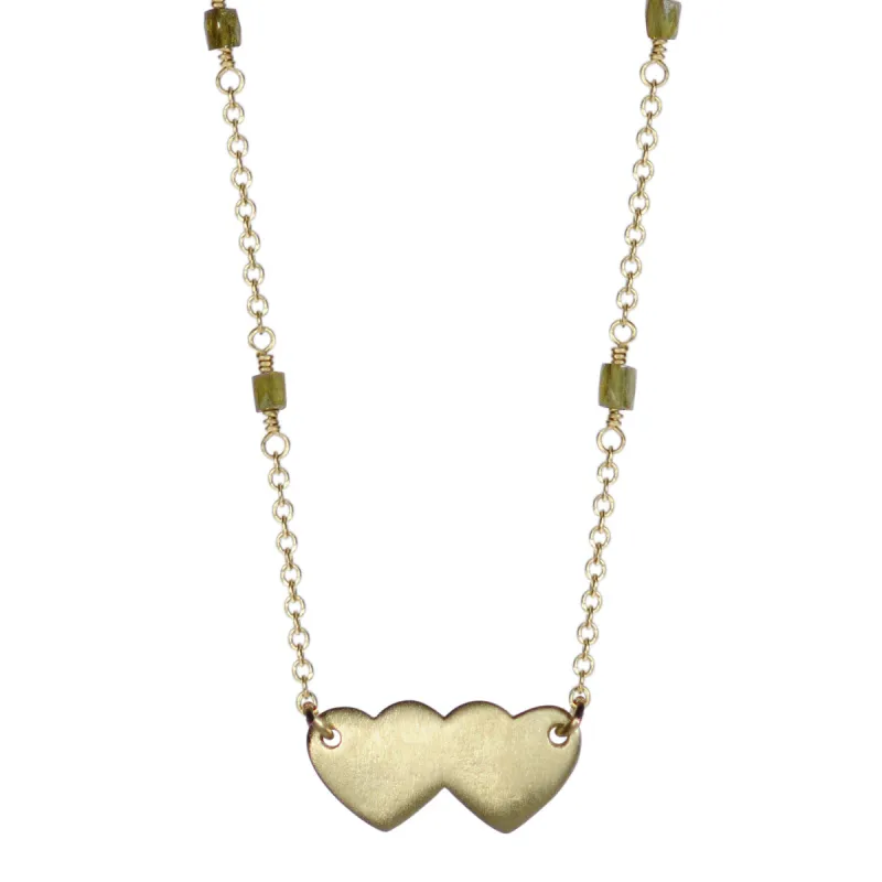 18K Gold Double Heart Pendant on Opaque Diamond Chain sold by Me & Ro