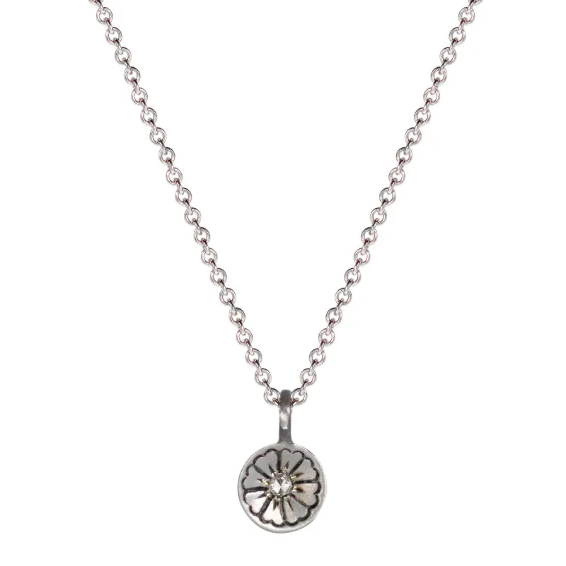 Sterling Silver Engraved Flower Pendant with Diamond sold by Me & Ro
