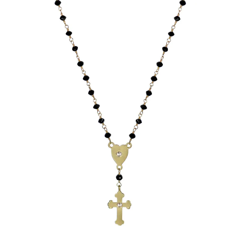 18K Gold Rosary Heart and Cross on Black Diamond Chain sold by Me & Ro