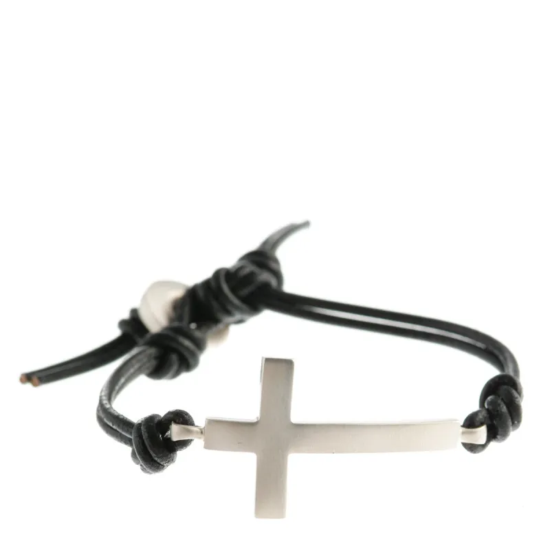 Sterling Silver Cross Bracelet on Black Leather sold by Me & Ro
