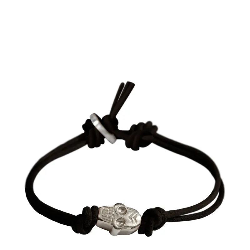 Men's Sterling Silver Single Large Skull Bracelet on Black Leather Cord with Button Closure sold by Me & Ro