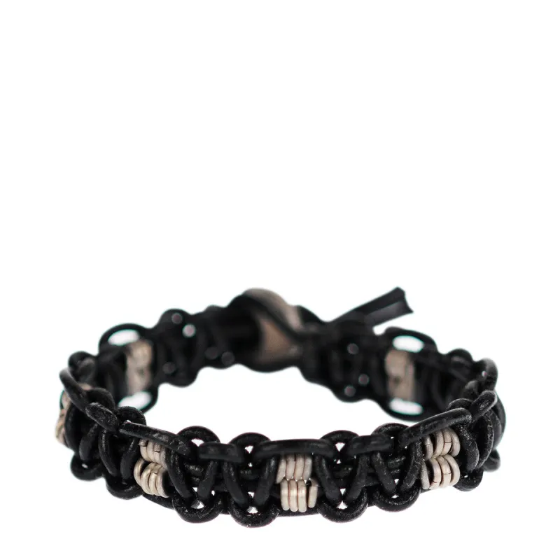 Men's Sterling Silver Woven Black Leather Bracelet with Button sold by Me & Ro