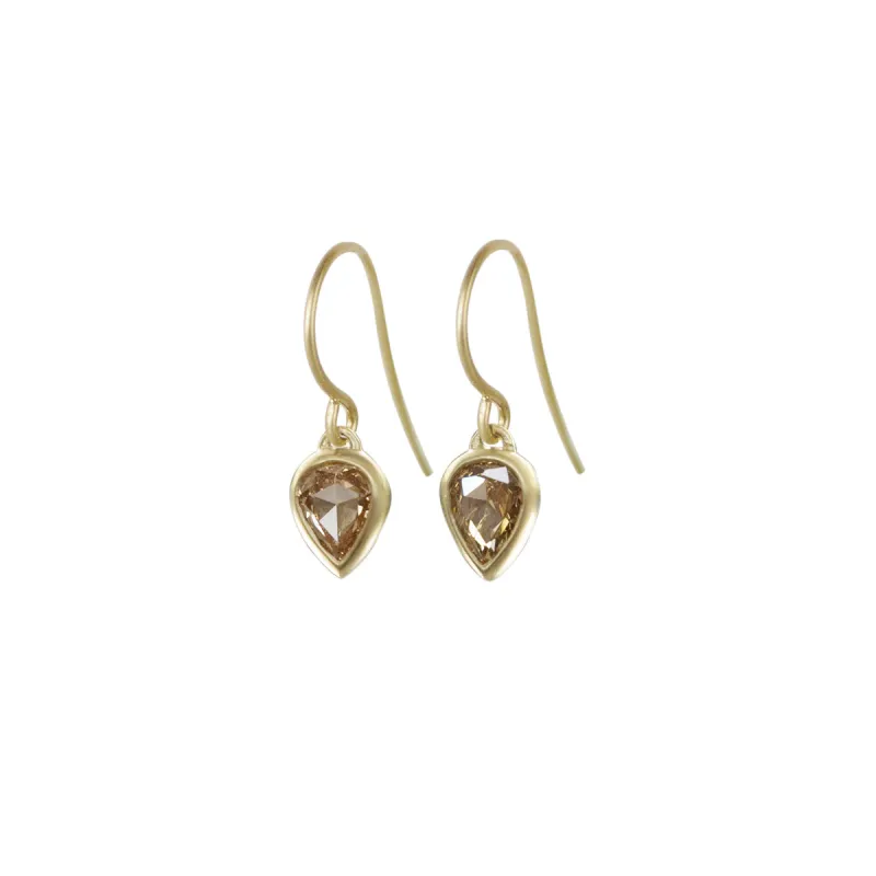 Cognac Rose Cut Diamond Teardrop-Shaped Earrings in 18K Gold made by Me & Ro