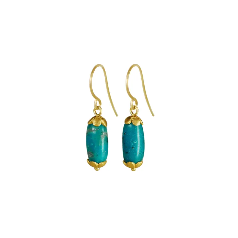 22K Gold Persian Turquoise Bead Earrings with Tiny Flower Caps made by Me & Ro