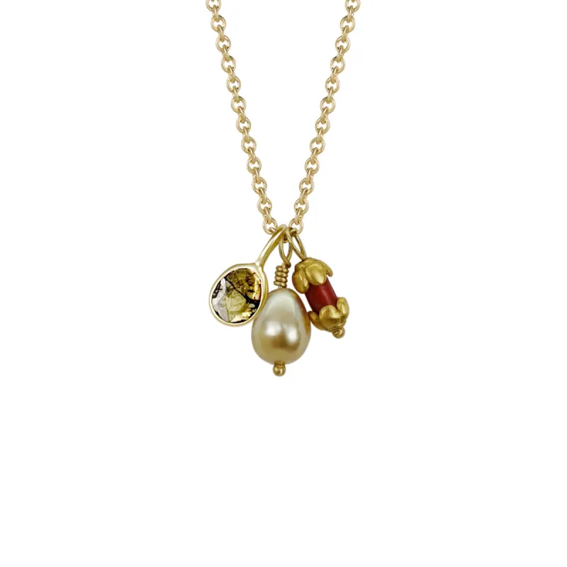 Golden South Sea Keshi Pearl with Vintage Coral Bead Capped in 22K Gold & Natural Diamond Slice Pendant made by Me & Ro