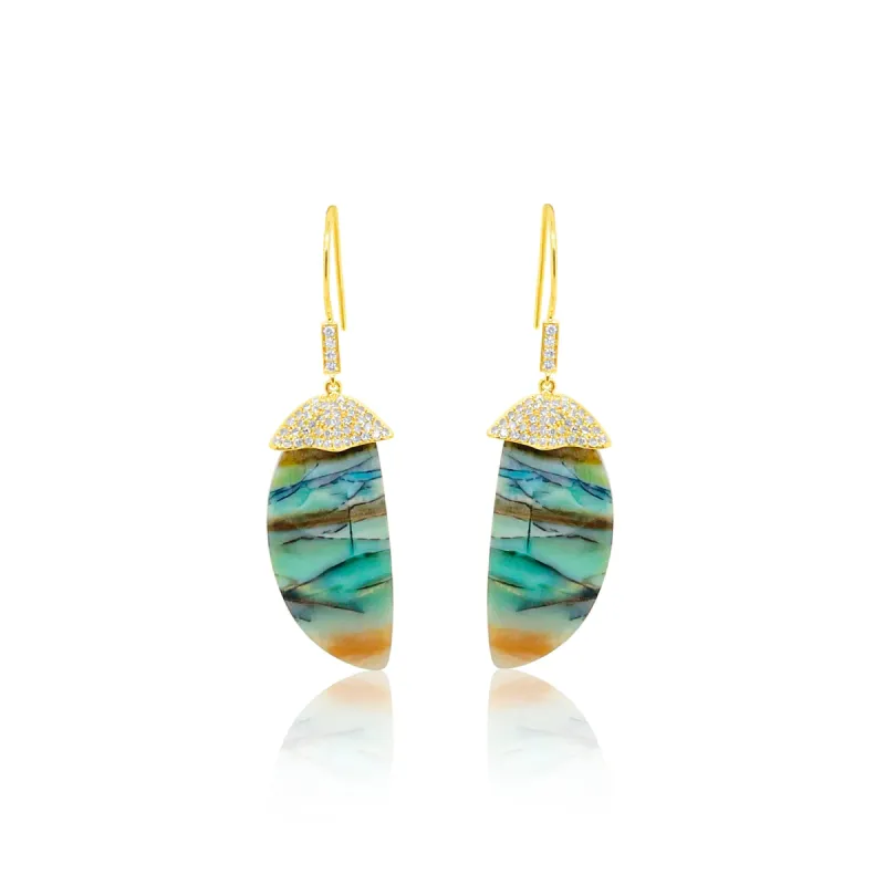 Yellow Gold Opalized Wood Diamond Drop Earrings sold by Meira T