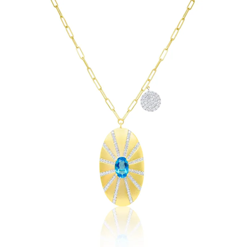 Yellow Gold Diamond Medallion Blue Topaz Necklace- 32 inch paper clip chain sold by Meira T