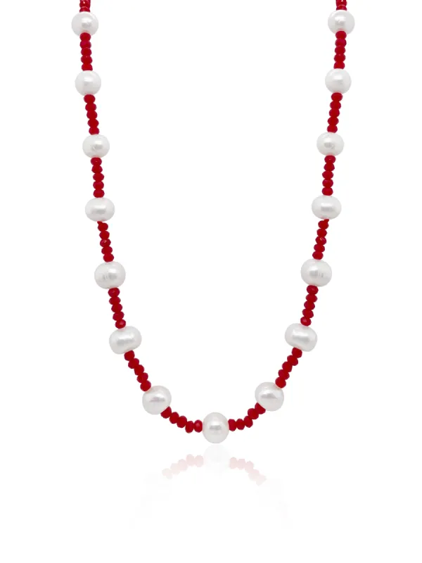 White Pearl and Red Bead Long Wrap Necklace sold by Meira T