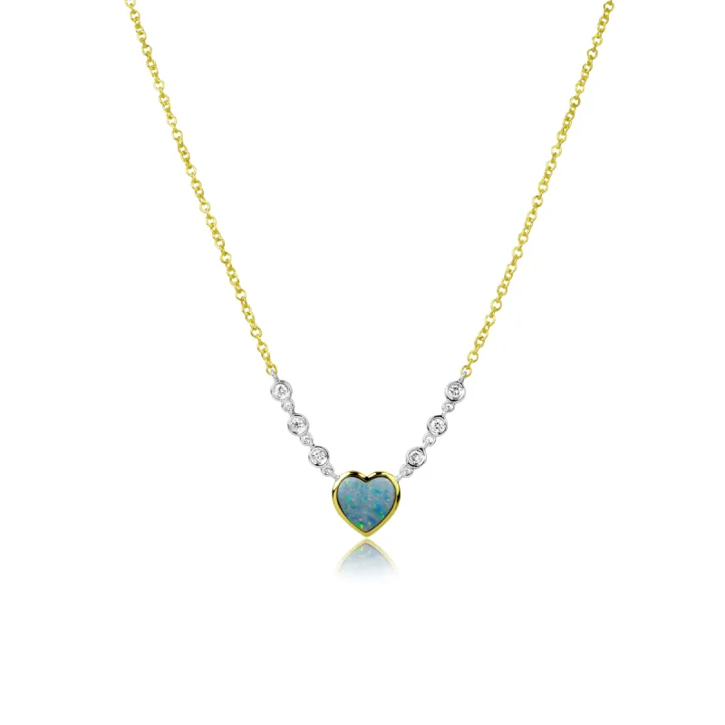 Yellow Gold Opal Heart and Diamond Bezel Necklace sold by Meira T