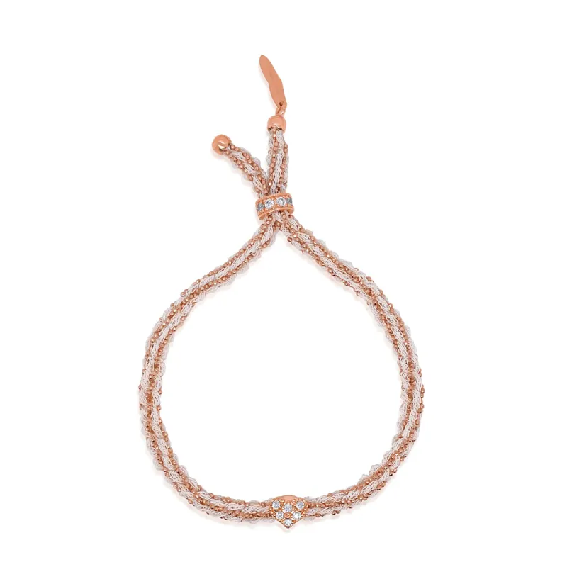 Rose Gold Braided Chain and White Silk Bracelet with CZ Heart sold by Meira T