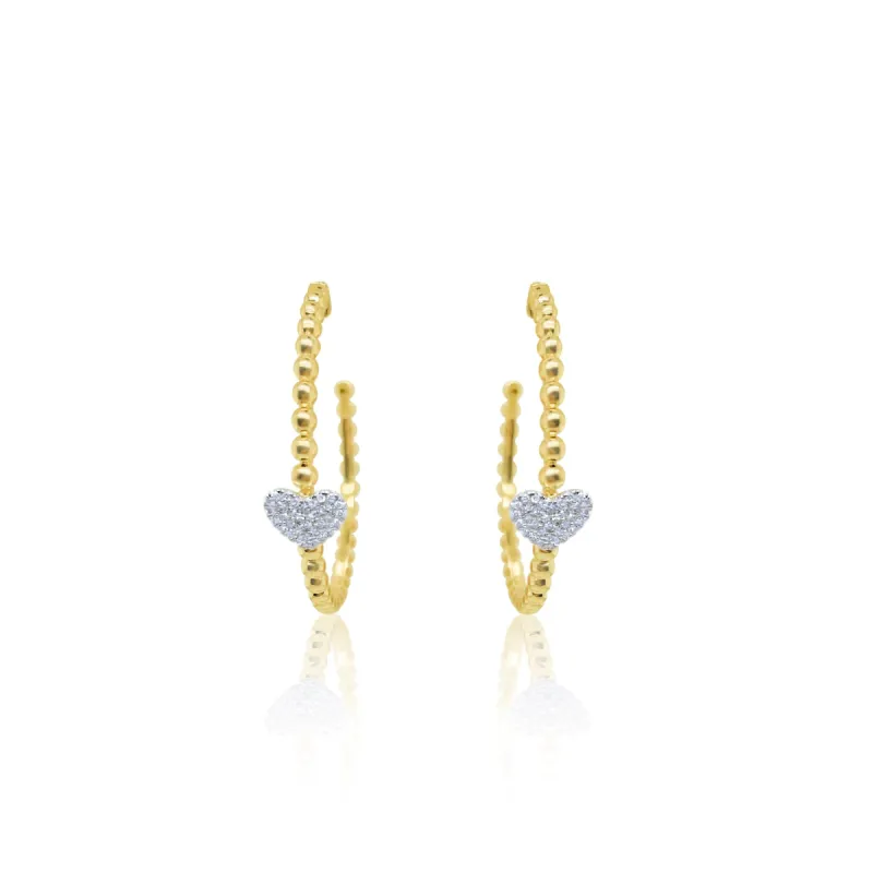 Yellow Gold Ball and Diamond Heart Hoops sold by Meira T