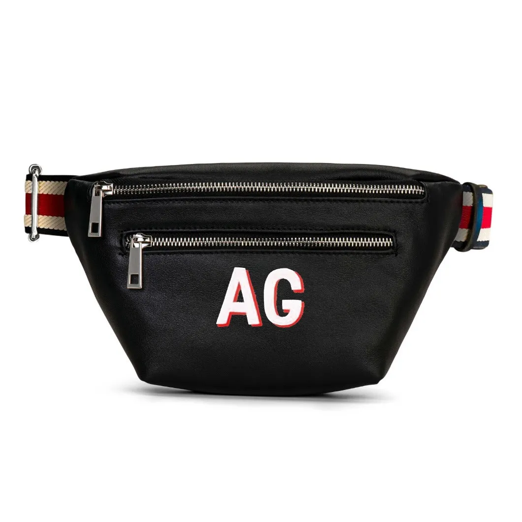 Customizable Initial Black Leather Double Zipper Belt Bag Fanny Pack sold by Meira T